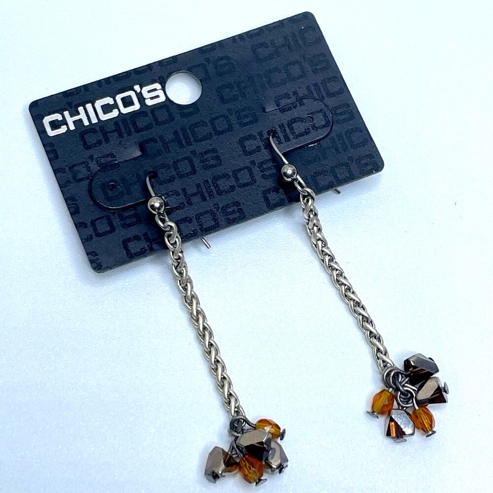 Chico's Silver Tone Chain Dangle Brown Glass Beaded Earrings Boho Statement